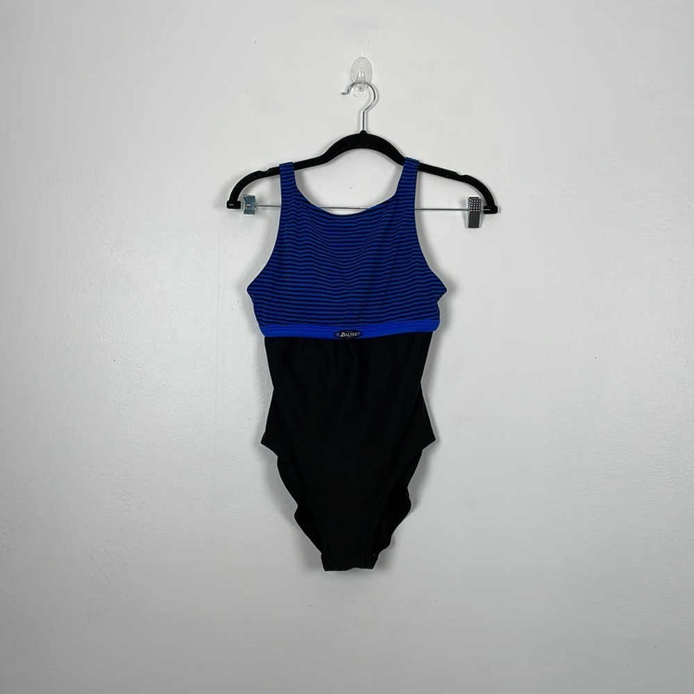 Baltex swimsuit women's size 10 black blue one piece striped bathing suit